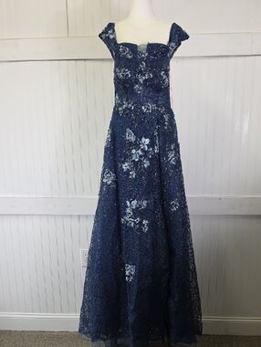 Alexander By Daymor NEW Navy Blue Embroidered Lace Full Maxi Gown Dress Size 12